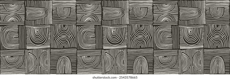 Formas abstractas modernas monocromo patrón lineal sin fisuras con arcos. Patrón geométrico texturizado. Estampado gráfico escandinavo. Ilustración vectorial neutra para azulejos, Fondo de pantalla, alfombras. Diseño retro.