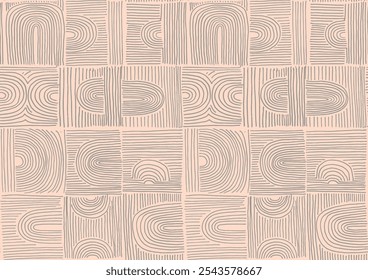 Formas abstractas modernas monocromo patrón lineal sin fisuras con arcos. Patrón geométrico texturizado. Estampado gráfico escandinavo. Ilustración vectorial neutra para azulejos, Fondo de pantalla, alfombras. Diseño retro.