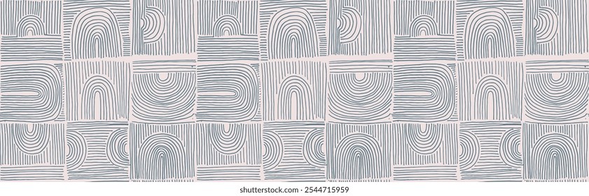 Formas abstractas modernas monocromo patrón lineal sin fisuras con arcos. Patrón geométrico texturizado. Estampado gráfico escandinavo. Ilustración vectorial neutra para azulejos, Fondo de pantalla, alfombras. Diseño retro.