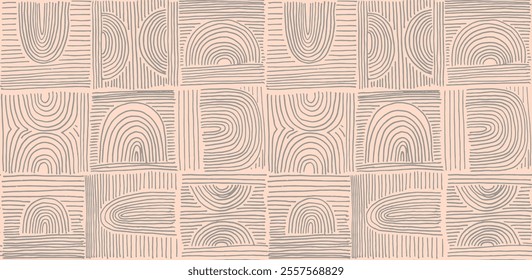 Modern abstract shapes monochrome seamless linear pattern with arches. Geometric textured pattern. Scandinavian graphic print. Neutral vector illustration for tile, wallpaper, carpet. Retro design.