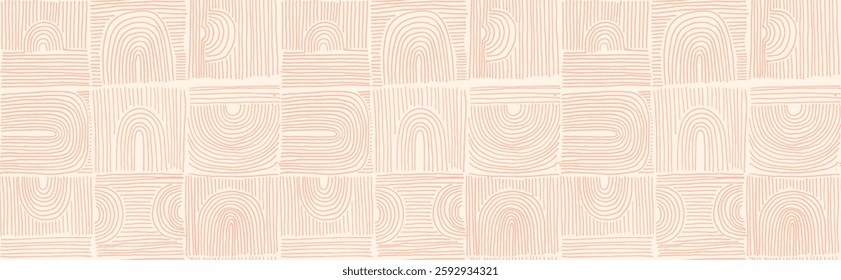 Modern abstract shapes monochrome seamless linear pattern with arches. Geometric textured pattern. Scandinavian graphic print. Neutral vector illustration for tile, wallpaper, carpet. Retro design.