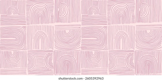 Modern abstract shapes monochrome seamless linear pattern with arches. Geometric textured pattern. Scandinavian graphic print. Neutral vector illustration for tile, wallpaper, carpet. Retro design.