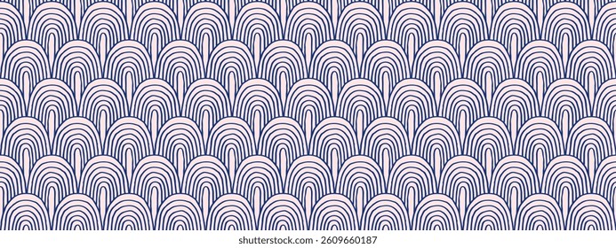 Modern abstract shapes monochrome seamless linear pattern with arches. Geometric textured. Scandinavian graphic print. Japanese, Chinese illustration for tile, wallpaper, carpet, rug. Retro design.