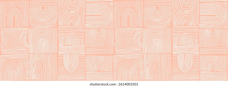 Modern abstract shapes monochrome seamless linear pattern with arches. Geometric textured pattern. Scandinavian graphic print. Neutral vector illustration for tile, wallpaper, carpet. Retro design.