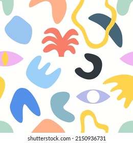 Modern abstract shapes seamless pattern. 90s nostalgic vector background. Hand drawn fluid objects colorful illustration. Trendy print for fabric, paper, stationery