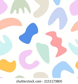 Modern abstract shapes seamless pattern. 90s nostalgic vector background. Hand drawn fluid objects colorful illustration. Trendy print for fabric, paper, stationery