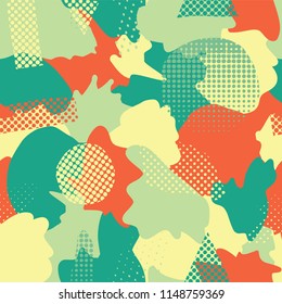 Modern abstract shapes seamless vector background. Turquoise, teal, green, yellow, and orange camouflage shapes layered. Doodle background. Graphic illustration for wrapping, web backgrounds, fabric