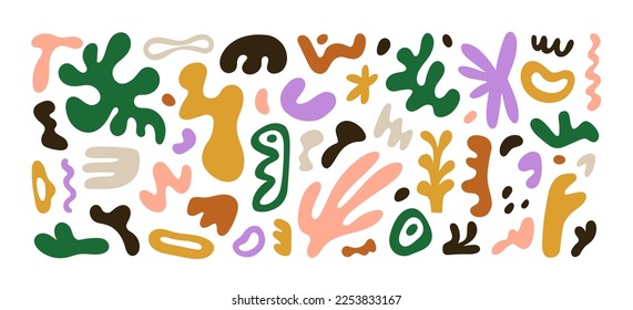 Conjunto de formas abstractas modernas. Conjunto de elementos de diseño de fluidos creativos a la moda. Decoración de doodles orgánicos, formas decorativas de estilo contemporáneo. Ilustraciones vectoriales planas aisladas en fondo blanco