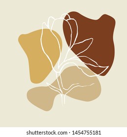 Modern abstract shapes vector background or layout. Contour line drawing flower of magnolia.  Modern minimalism art, aesthetic contour. Pastel Scandinavian color palette.