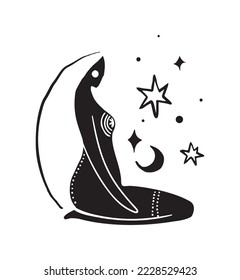 Modern abstract silhouette of a mystical witch woman, boho tattoo, healing meditation, intuitive tantric practices, yoga. Abstract female symbol with moon. Vector flat illustration.