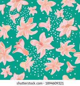 Modern abstract simple flowers and polka dot shapes endless wallpaper.Hyacinth floral seamless pattern.Botanical background.Trendy fabric design,wrapping paper.Vector illustration in pink and green.