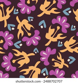 Modern abstract simple little flowers and leaves endless wallpaper. Folk floral seamless pattern. Botanical background. Trendy fabric design, wrapping paper. Vector illustration