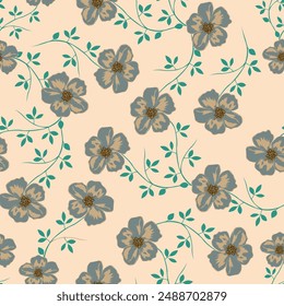 Modern abstract simple little flowers and leaves endless wallpaper. Folk floral seamless pattern. Botanical background. Trendy fabric design, wrapping paper. Vector illustration