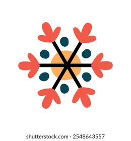 Modern abstract snowflake illustration with vibrant red, yellow, and teal accents. Perfect for holiday decorations, greeting cards, seasonal branding, and creative winter projects.