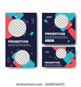 Modern abstract social media templates with flowing red and blue shapes and circle placeholders for promotion.