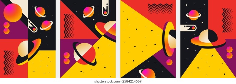 Modern abstract space design with geometric shapes, vibrant colors, and futuristic planetary elements.
