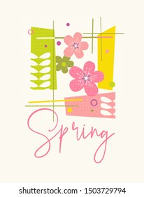 Diseño de primavera abstracto moderno para tarjetas, calendarios, gráficos de camisetas. Diseño retro de flores de manzana, flores y formas abstractas.