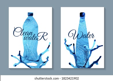 Modern abstract spring water bottles design for card templates or posters or logo or banner with blue watercolor waves and splashes or fluid art in alcohol ink style or marble with silver bubbles.