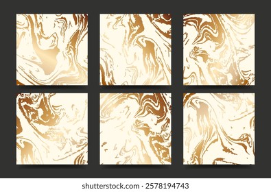 Modern abstract square cover design set. Backgrounds with golden marble texture. Vector illustrations for social media post, card, cover, invitation, poster, brochure.