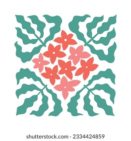 Modern abstract square flower poster. Floral retro vector pattern for botanical card, naive contemporary style.