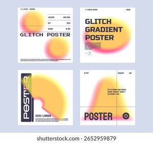 Modern abstract square poster collection, vector minimalist poster with gradient shapes in vibrant colors. Brutalism style, bold aesthetics, distortion effect. Futuristic illustration