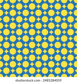 Modern abstract star and circle moon geometric Pattern, yellow and blue contrast color. Editable for backdrop, banner, boy birthday gift wrapping paper, home decorating, clothing, fashion designer,etc