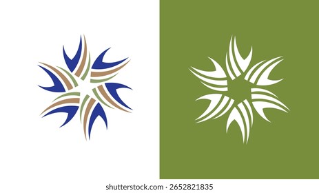 Design moderno do logotipo da flor da estrela abstrata em verde, azul e marrom, ícone do vetor geométrico para branding, identidade de negócios, temas ecológicos, web, aplicativo, marketing e uso profissional da empresa.