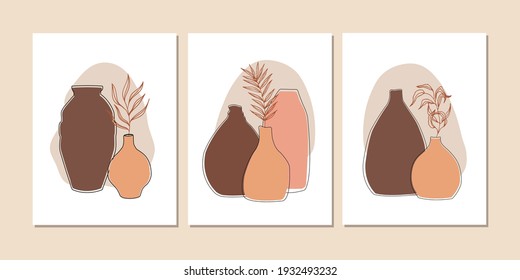  Modern abstract still life poster set. Contemporary minimalist art in neutral terracotta colors, earth tones. Vector illustration. 