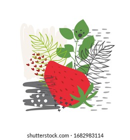 Modern Abstract Strawberry Vector Leaves Background. Hand Draw Leaves And Line Art Background