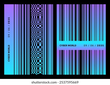 Modern Abstract Striped Posters with gradient. Barcode style. Brutalist geometric print. Design vertical template for event in Minimalism style. Retro futurism aesthetic for web page, posters.