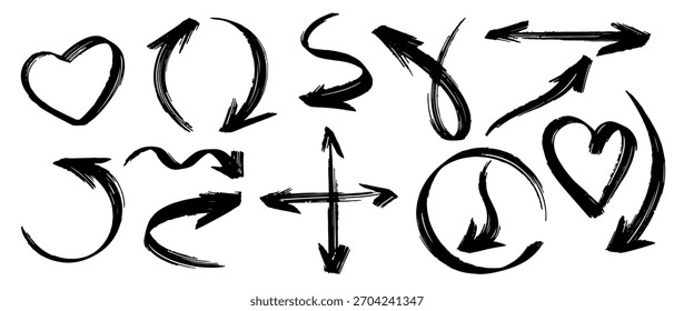 Modern abstract stroke arrow set with brush and scribble texture. Direction pointer and love shape concept. Isolated vector symbol for UI and web