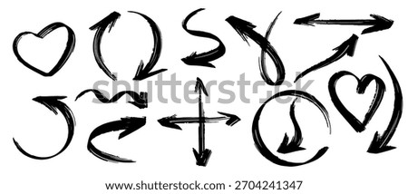 Modern abstract stroke arrow set with brush and scribble texture. Direction pointer and love shape concept. Isolated vector symbol for UI and web