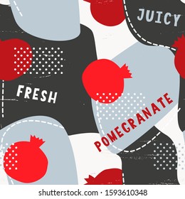 Modern abstract style seamless pattern with pomegranate red fruit vector objects, grey spots, white dots and black wavy lines. 