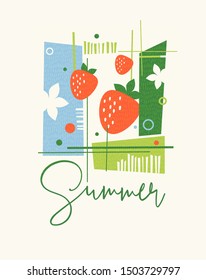 Modern abstract Summer design for cards, calendars, t-shirt graphics. Retro design of strawberries, foliage and abstract shapes.