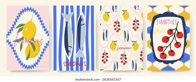 Modern abstract summer poster in sketch doodle style with hand drawn. Trendy design for cards, wall art, ads, print, decor, branding. Amalfi, Italian sea coast hand drawn icons. Summer sea vacation.