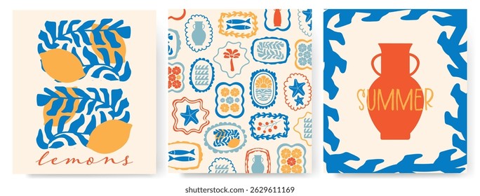 Modern abstract summer poster in sketch doodle style with hand drawn. Trendy design for cards, wall art, ads, print, decor, branding. Amalfi, Italian sea coast hand drawn icons. Summer sea vacation.