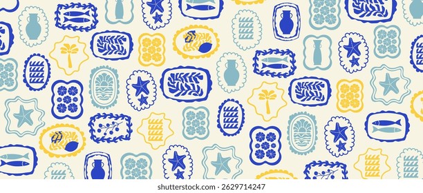 Modern abstract summer poster in sketch doodle style with hand drawn. Trendy design for cards, wall art, ads, print, decor, branding. Amalfi, Italian sea coast hand drawn icons. Summer sea vacation.