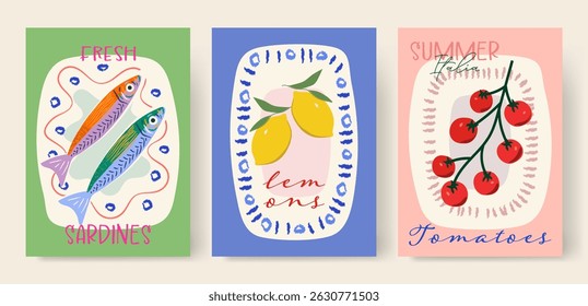 Modern abstract summer poster in sketch doodle style with hand drawn. Trendy design for cards, wall art, ads, print, decor, branding. Amalfi, Italian sea coast hand drawn icons. Summer sea vacation.