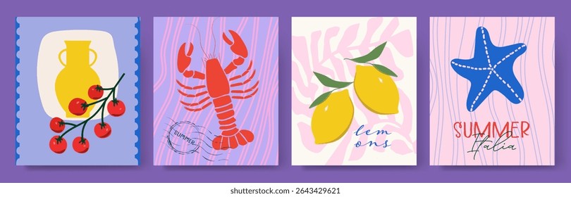 Modern abstract summer poster in sketch doodle style with hand drawn. Trendy design for cards, wall art, ads, print, decor, branding. Amalfi, Italian sea coast hand drawn icons. Summer sea vacation.