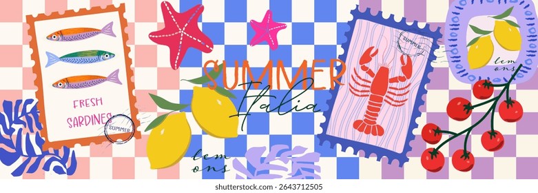 Modern abstract summer poster in sketch doodle style with hand drawn. Trendy design for cards, wall art, ads, print, decor, branding. Amalfi, Italian sea coast hand drawn icons. Summer sea vacation.