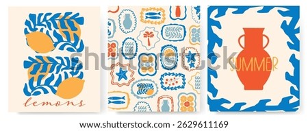 Modern abstract summer poster in sketch doodle style with hand drawn. Trendy design for cards, wall art, ads, print, decor, branding. Amalfi, Italian sea coast hand drawn icons. Summer sea vacation.