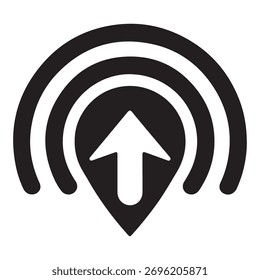 Ein modernes, abstraktes Symbol mit einem Aufwärtspfeil innerhalb konzentrischer Bögen. Dieses Design erinnert an Konzepte der Navigation, Fortschritt, Signalstärke