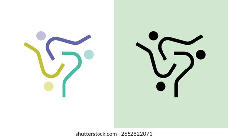 Moderno abstrato trabalho em equipe logotipo design com três pessoas em colorido e preto estilo contorno, ícone vetorial para a comunidade, unidade, parceria, identidade de negócios, web, aplicativo, branding, empresa criativa.