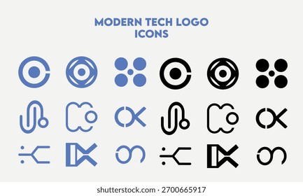  A modern abstract tech logo set featuring clean geometric shapes, futuristic line styles, and minimal design elements.