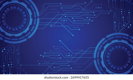 Modern abstract technology background in blue tones featuring circuit board lines and circular digital interface design ideal for innovation tech and data related concepts