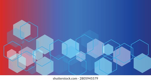 Modern abstract technology background featuring layered hexagonal shapes in blue and purple gradient tones. Futuristic geometric design ideal for digital technology, science, innovation, network, data, corporate presentation, and website backgrounds.