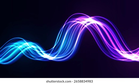 Modern abstract technology background with glowing blue and purple digital waves. Dynamic lines and luminous particles create a vibrant, futuristic flow.