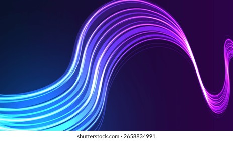 Fondo abstracto moderno de la tecnología con las ondas digitales azules y púrpuras brillantes. Las líneas dinámicas y las partículas luminosas crean un flujo vibrante y futurista.