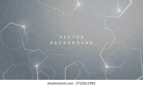 Fondo de tecnología abstracta moderna con patrones de panal gris o hexágono plateado y nodos de luz brillante en una superficie de gradiente suave