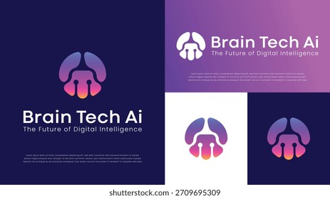 Vector abstracto moderno del diseño del logotipo del cerebro de la tecnología, inteligencia artificial, circuito y símbolo de la red de datos, concepto digital de la mente para el inicio de la tecnología, seguridad cibernética e identidad de marca del software